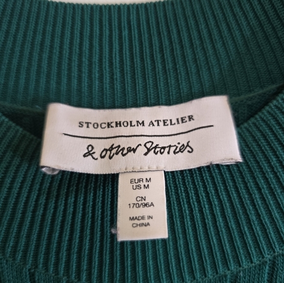 & Other Stories Green Fitted Rib Knit Midi Dress Puff Short Sleeve Medium Holida - Picture 6 of 8